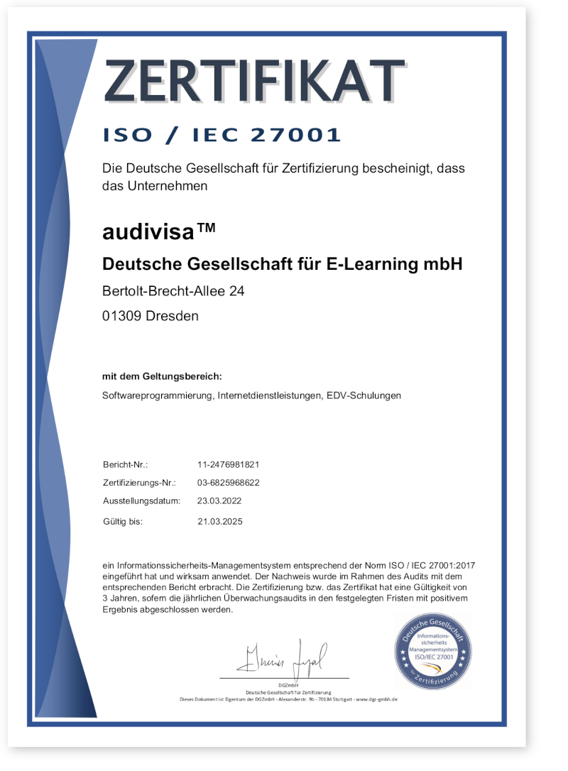 27001 Zertifikat - audivisa™ Deutsche Gesellschaft für E-Learning mbH